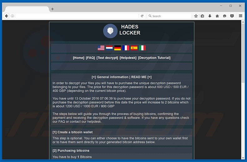 Hades Locker ransomware website's homepage