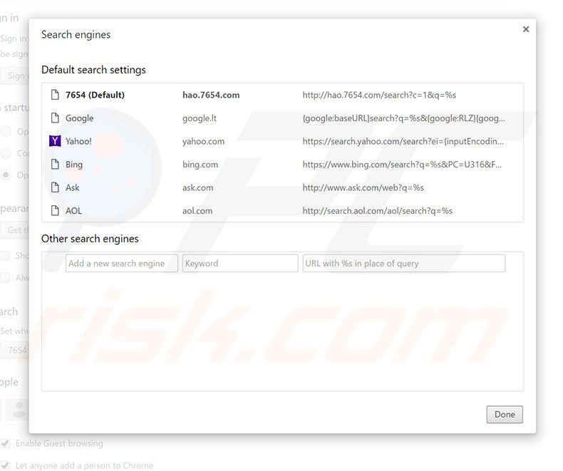 Removing hao.7654.com from Google Chrome default search engine