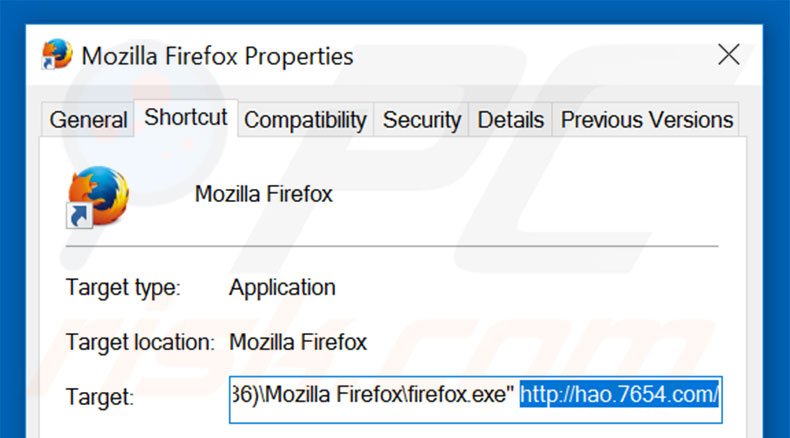 Removing hao.7654.com from Mozilla Firefox shortcut target step 2