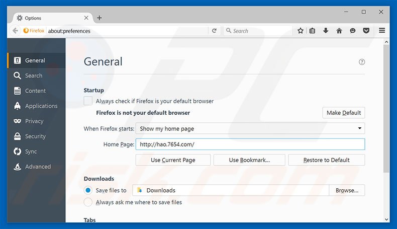 Removing hao.7654.com from Mozilla Firefox homepage