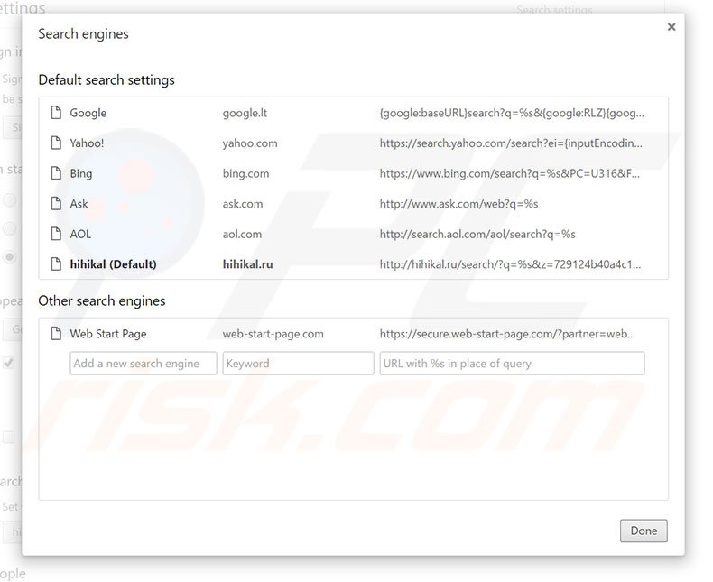 Removing hihikal.ru from Google Chrome default search engine