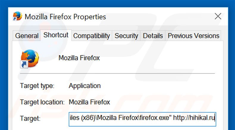 Removing hihikal.ru from Mozilla Firefox shortcut target step 2