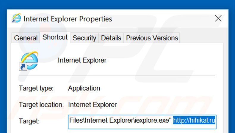 Removing hihikal.ru from Internet Explorer shortcut target step 2