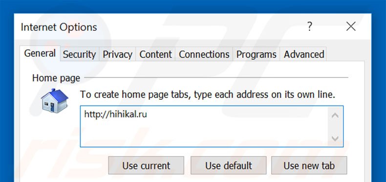 Removing hihikal.ru from Internet Explorer homepage
