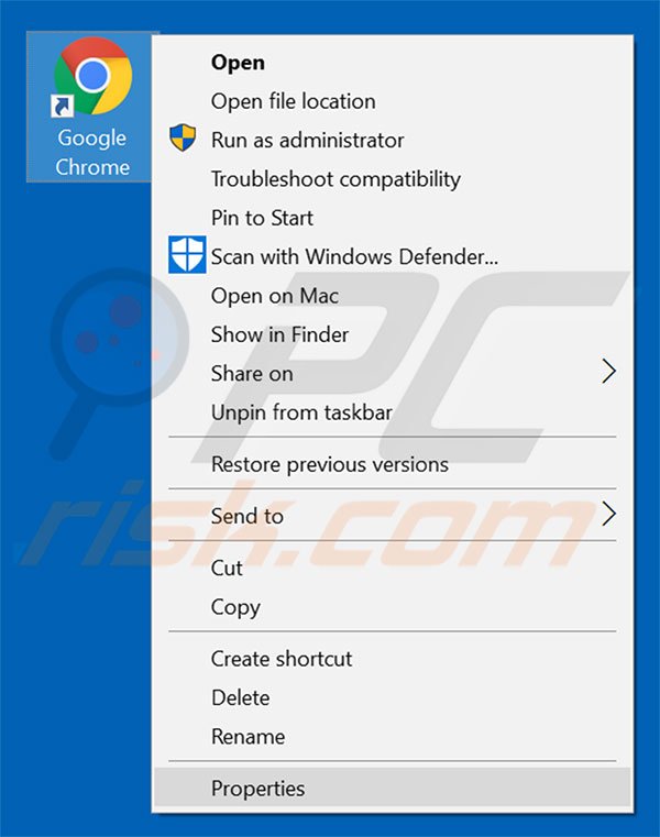 Removing HPRewriter from Google Chrome shortcut target step 1