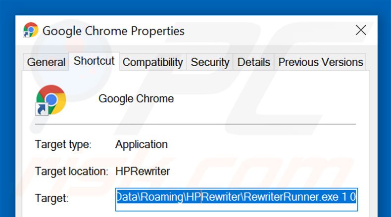 Removing HPRewriter from Google Chrome shortcut target step 2