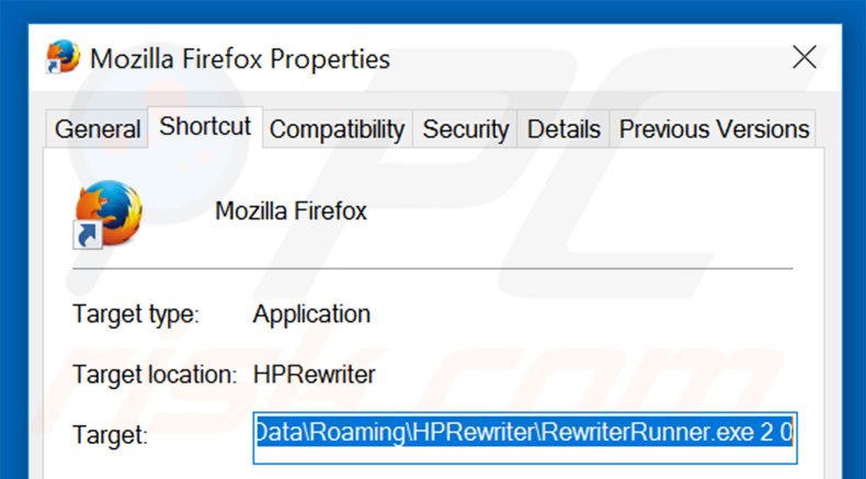 Removing HPRewriter from Mozilla Firefox shortcut target step 2