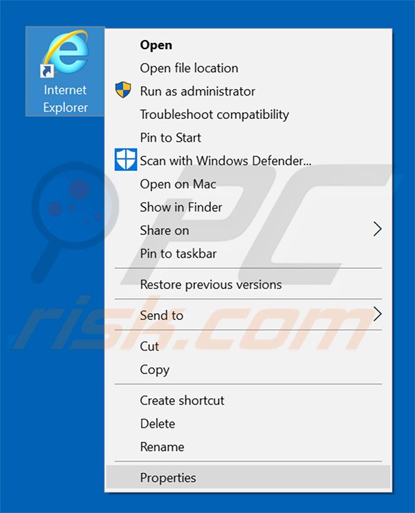 Removing HPRewriter from Internet Explorer shortcut target step 1