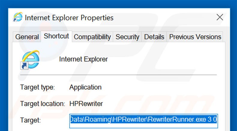 Removing HPRewriter from Internet Explorer shortcut target step 2