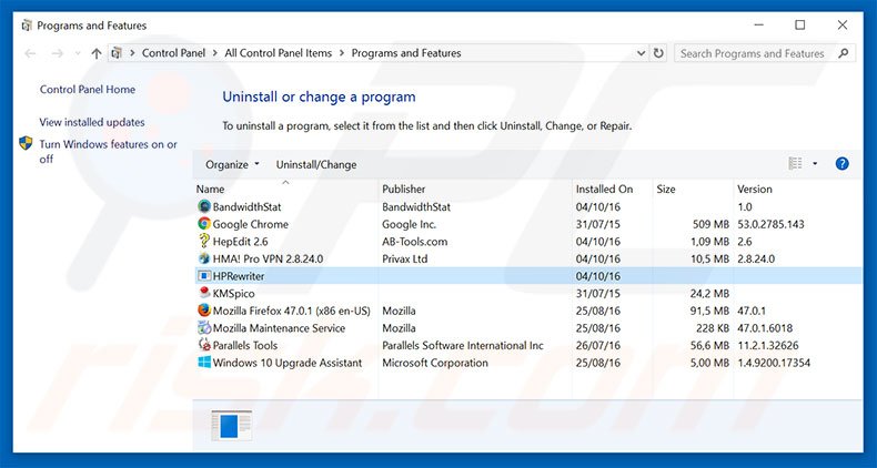 HPRewriter browser hijacker uninstall via Control Panel