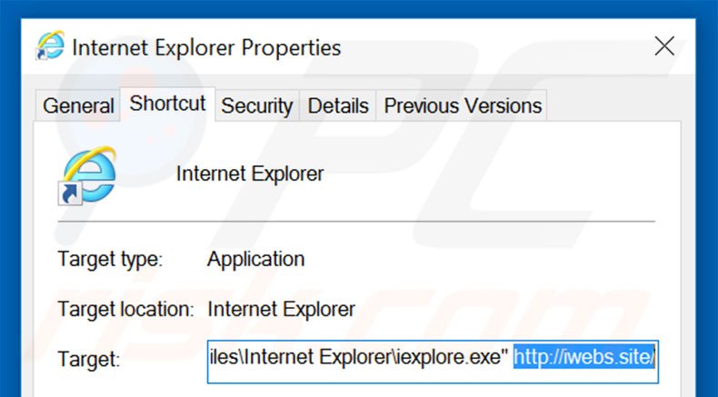 Removing iwebs.site from Internet Explorer shortcut target step 2