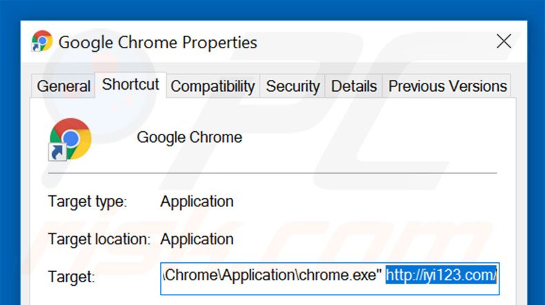 Removing iyi123.com from Google Chrome shortcut target step 2