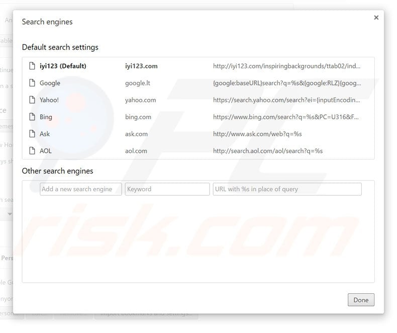 Removing iyi123.com from Google Chrome default search engine