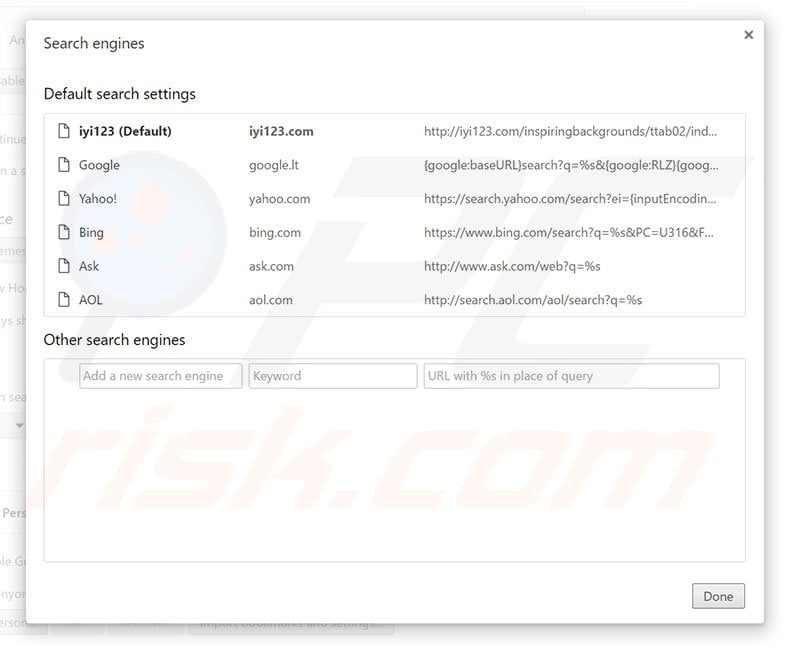 Removing iyi123.com from Google Chrome default search engine