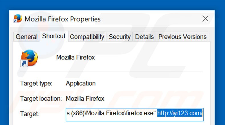 Removing iyi123.com from Mozilla Firefox shortcut target step 2