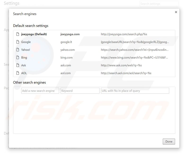 Removing joeyyoga.com from Google Chrome default search engine