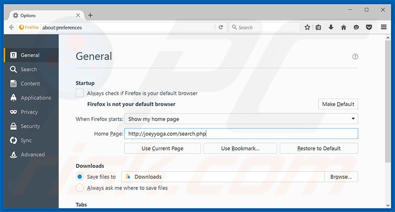 Removing joeyyoga.com from Mozilla Firefox homepage