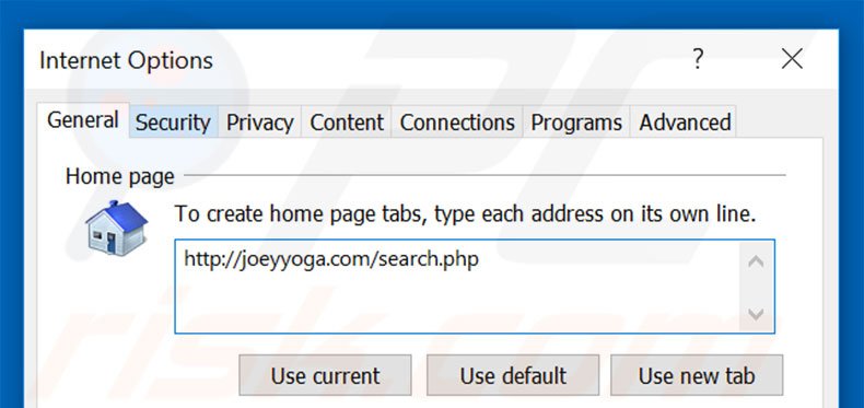 Removing joeyyoga.com from Internet Explorer homepage