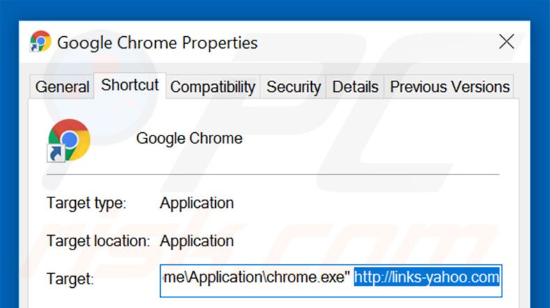 Removing links-yahoo.com from Google Chrome shortcut target step 2