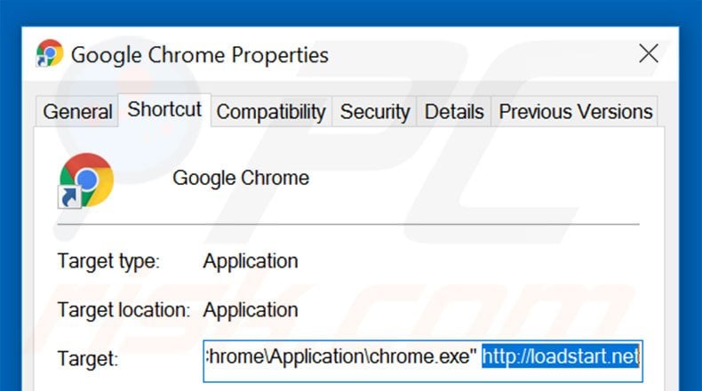 Removing loadstart.net from Google Chrome shortcut target step 2