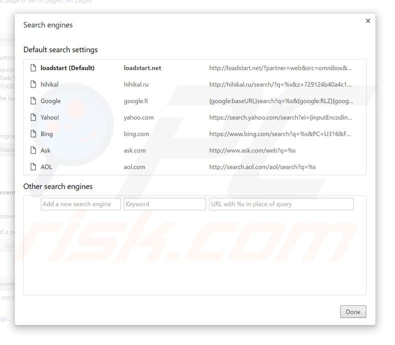 Removing loadstart.net from Google Chrome default search engine