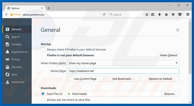 Removing loadstart.net from Mozilla Firefox homepage