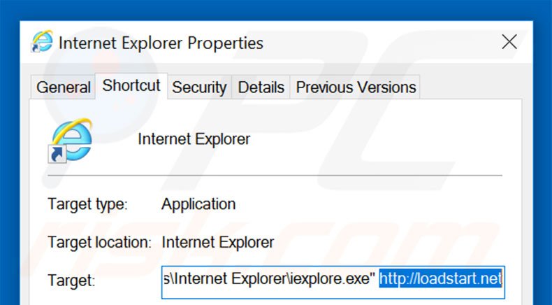 Removing loadstart.net from Internet Explorer shortcut target step 2