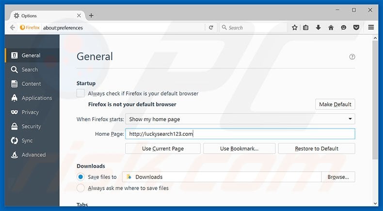 Removing luckysearch123.com from Mozilla Firefox homepage