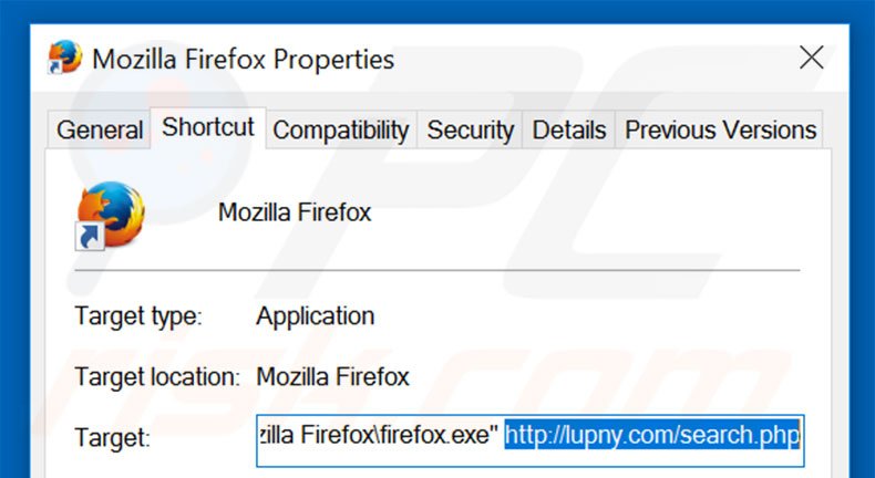 Removing lupny.com from Mozilla Firefox shortcut target step 2