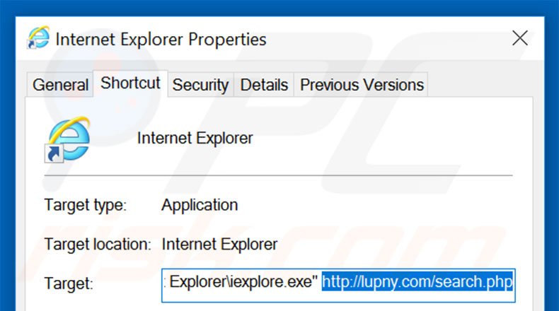 Removing lupny.com from Internet Explorer shortcut target step 2