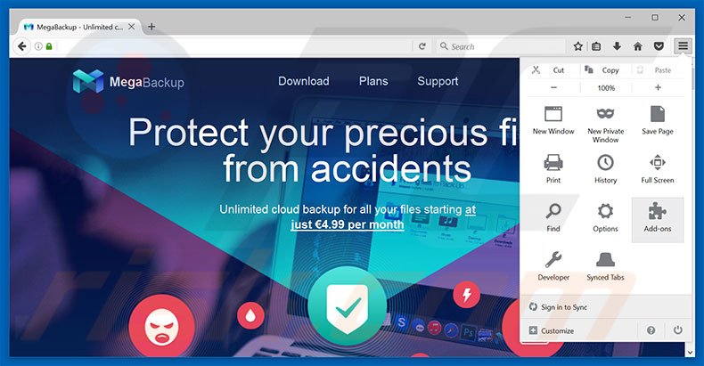 Removing MegaBackup ads from Mozilla Firefox step 1