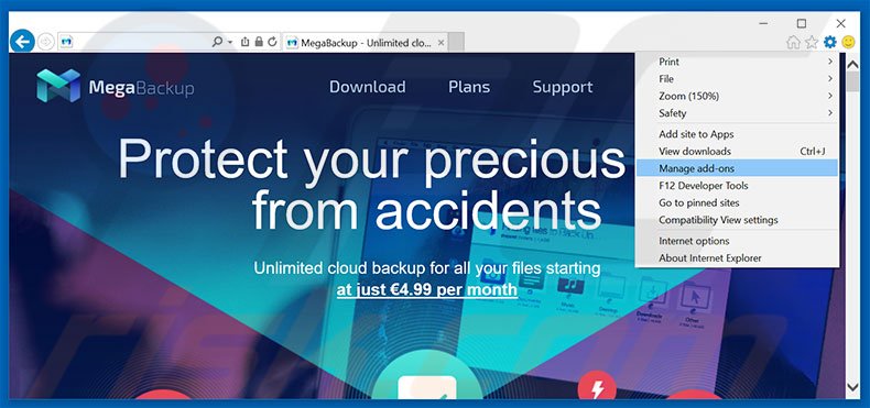 Removing MegaBackup ads from Internet Explorer step 1