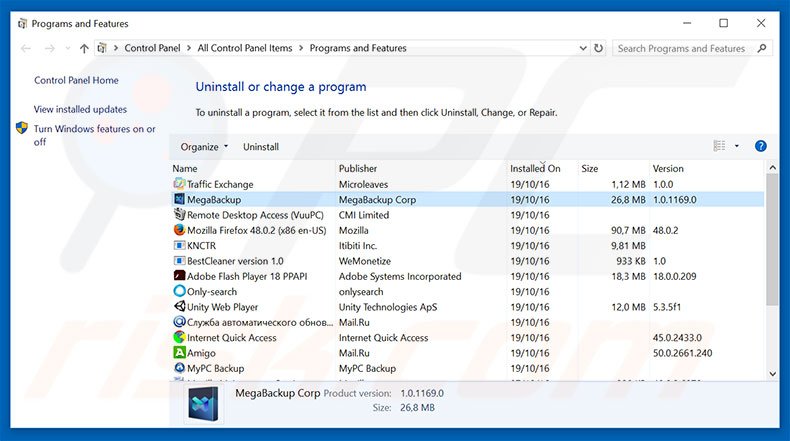 MegaBackup adware uninstall via Control Panel