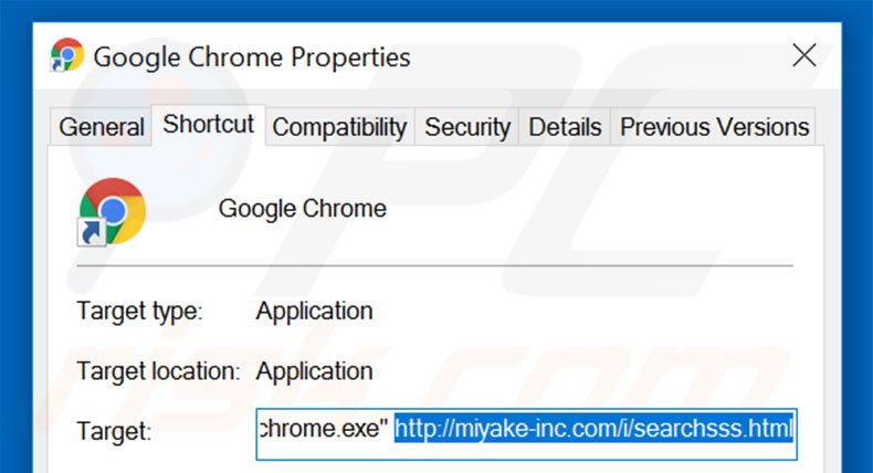 Removing miyake-inc.com from Google Chrome shortcut target step 2