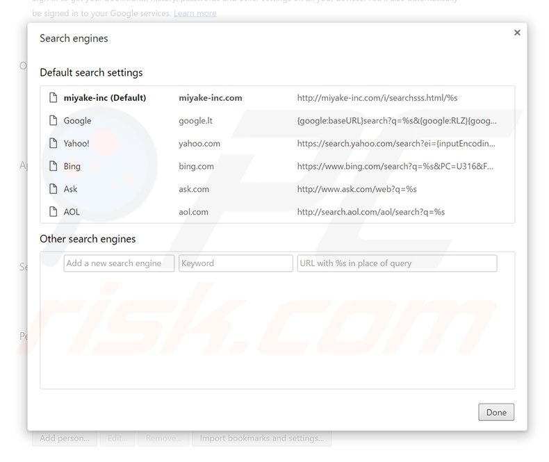 Removing miyake-inc.com from Google Chrome default search engine