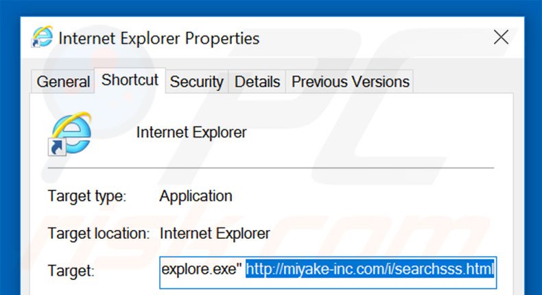 Removing miyake-inc.com from Internet Explorer shortcut target step 2