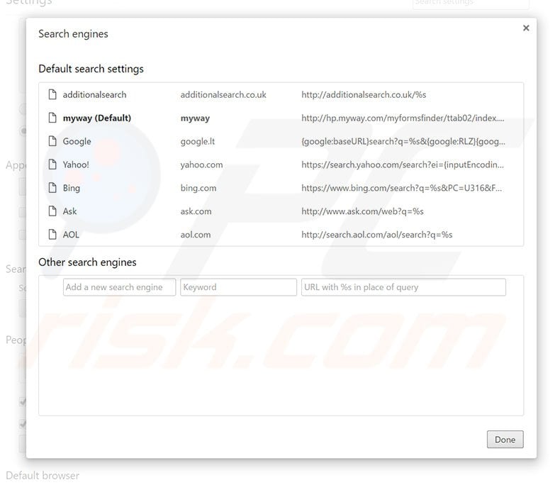 Removing hp.myway.com from Google Chrome default search engine
