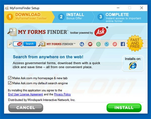 Official MyFormsFinder browser hijacker installation setup