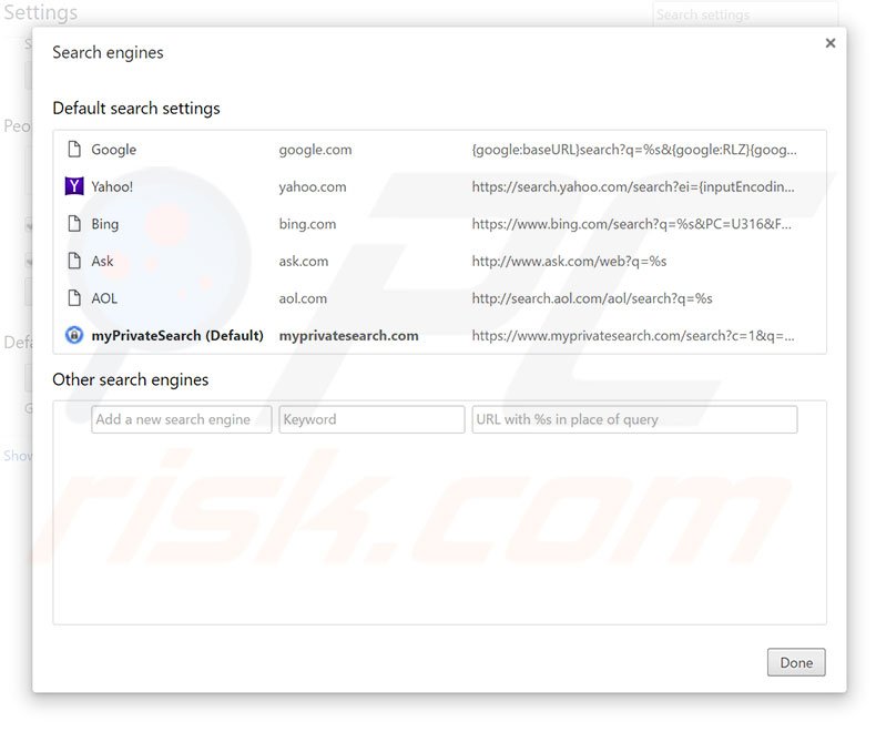 Removing myprivatesearch.com from Google Chrome default search engine