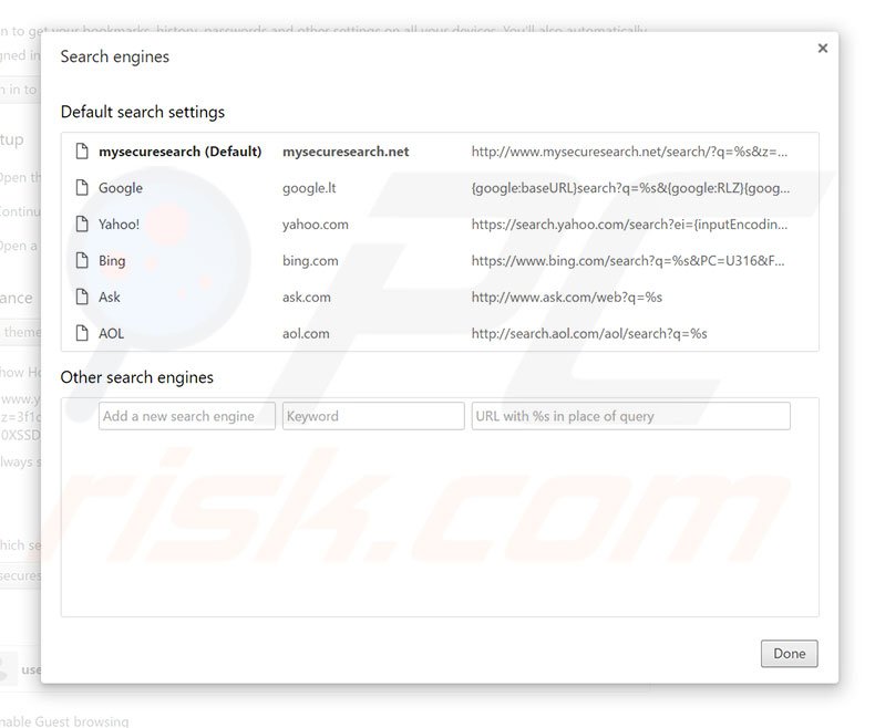 Removing mysecuresearch.net from Google Chrome default search engine