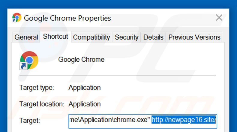 Removing newpage16.site from Google Chrome shortcut target step 2