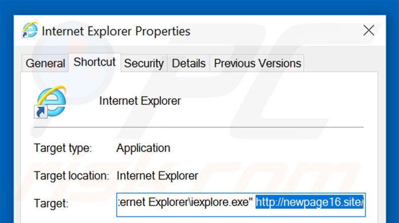 Removing newpage16.site from Internet Explorer shortcut target step 2