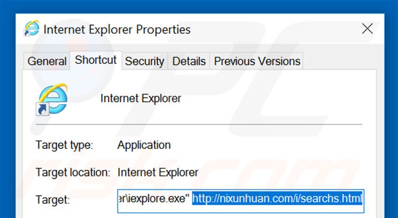 Removing nixunhuan.com from Internet Explorer shortcut target step 2
