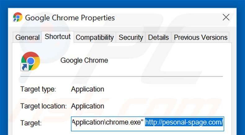 Removing pesonal-spage.com from Google Chrome shortcut target step 2