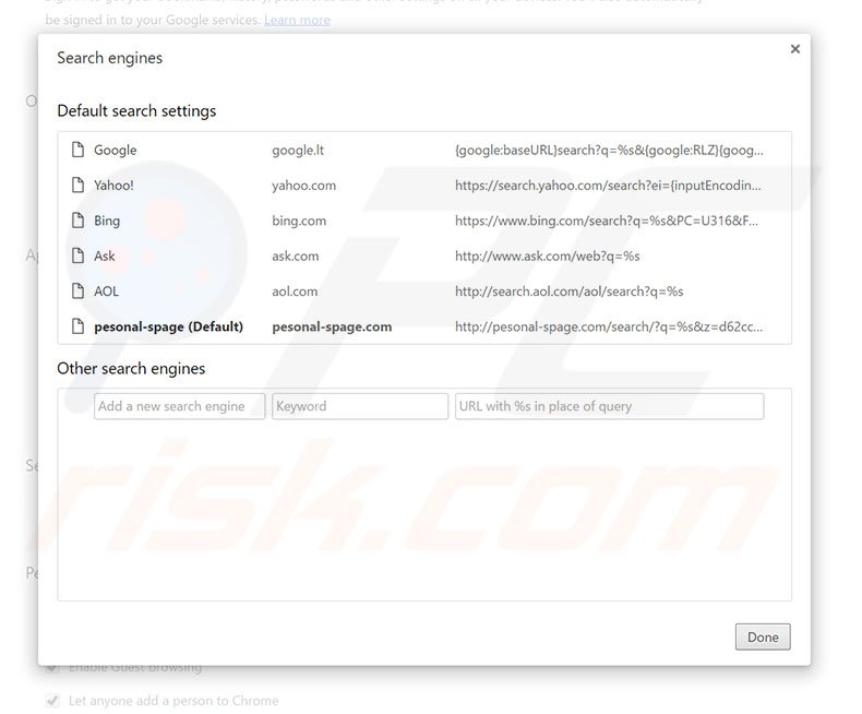 Removing pesonal-spage.com from Google Chrome default search engine