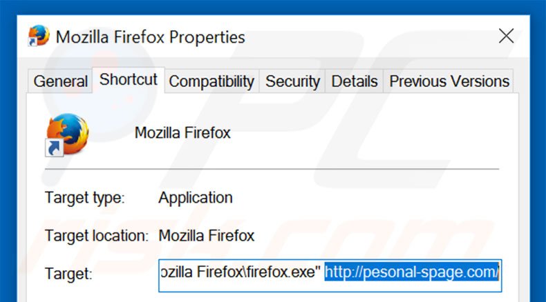 Removing pesonal-spage.com from Mozilla Firefox shortcut target step 2