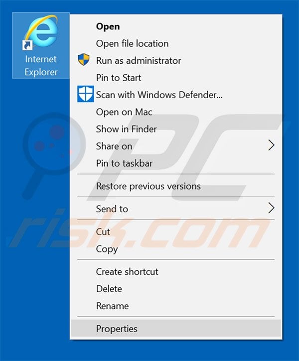 Removing pesonal-spage.com from Internet Explorer shortcut target step 1