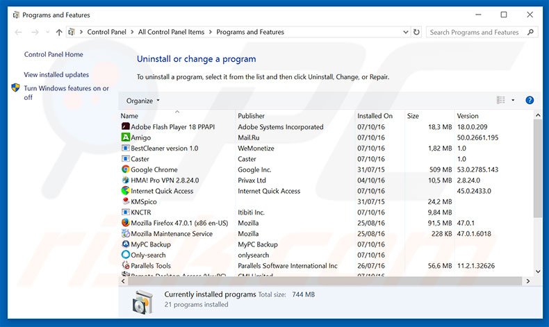 pesonal-spage.com browser hijacker uninstall via Control Panel