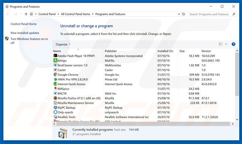 pesonal-spage.com browser hijacker uninstall via Control Panel