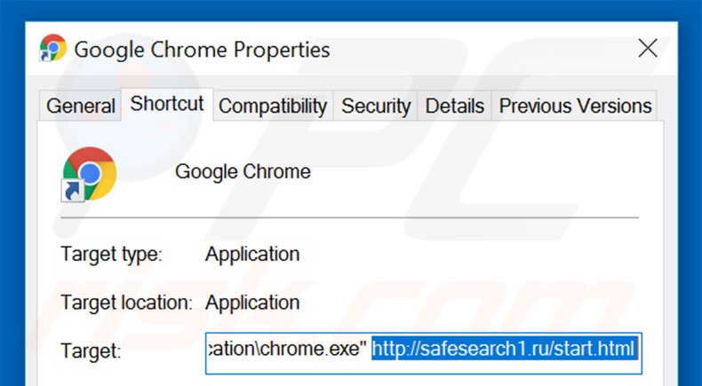 Removing safesearch1.ru from Google Chrome shortcut target step 2